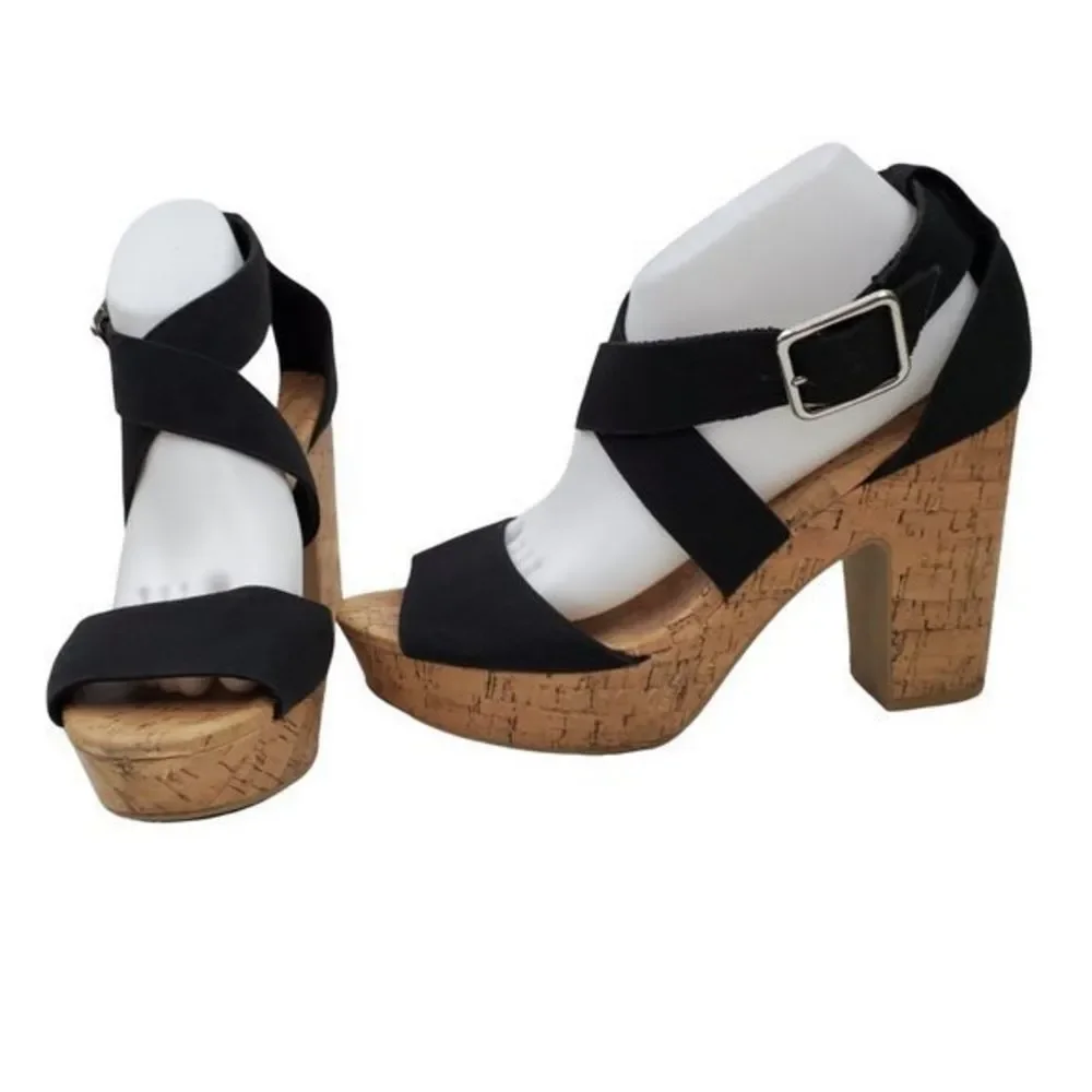 American Eagle Heels 10 Black Faux Cork Vegan Strappy Platform Tan Sandals